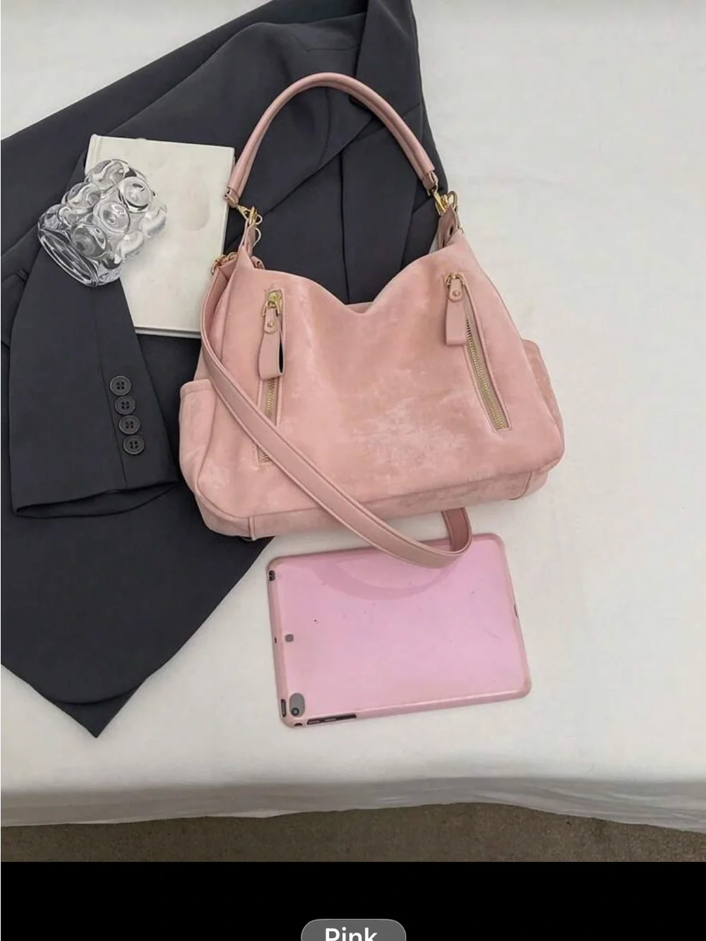 Soft Pink Hobo Shoulder Bag with Gold Accents